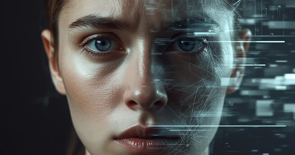 AI deepfake scams in 2025 – split human and fake AI-generated face with glitch effects