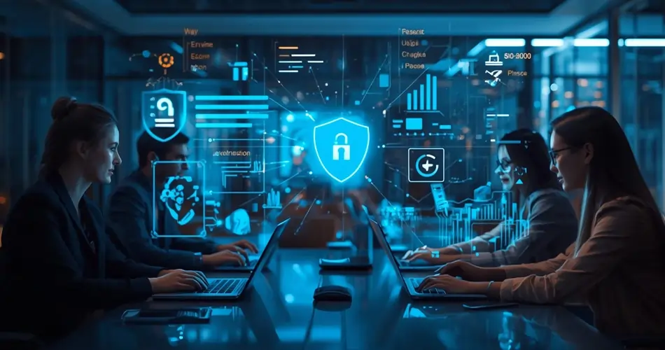 Businesses adapting to AI privacy laws 2025 with compliance audits, data protection, and digital security shields