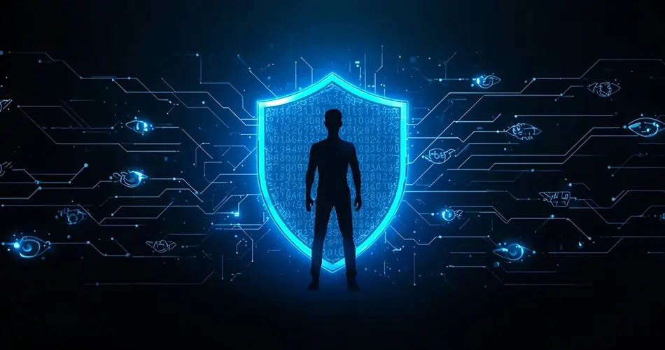 Digital shield protecting user from AI tracking, data collection, and surveillance in 2025.