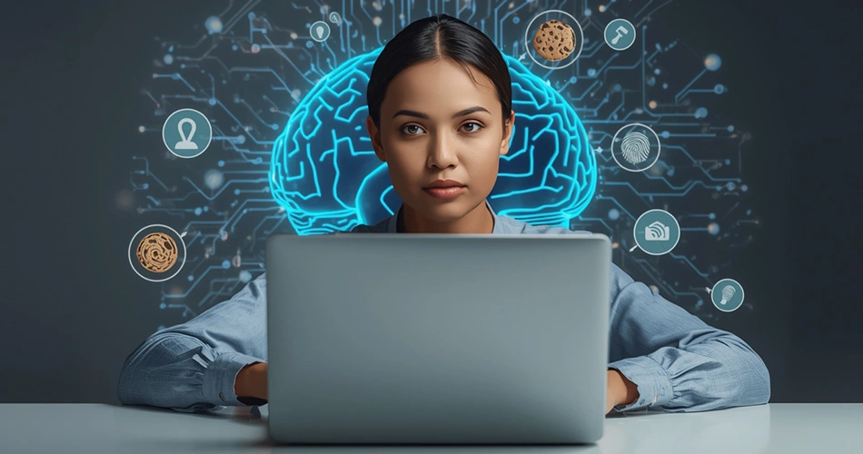 Illustration of AI tracking personal data through cookies, location, and online activity.