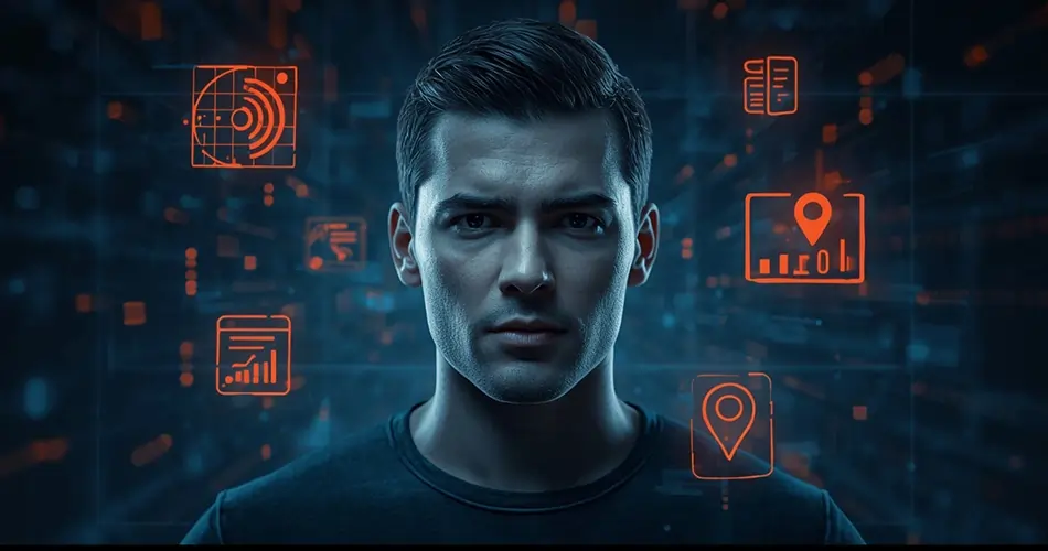 AI surveillance icons like facial recognition, GPS tracking, and browsing history representing need for AI privacy laws in 2025