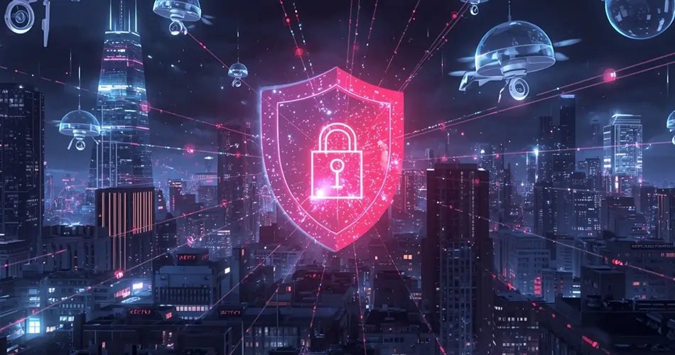 Future of AI surveillance and VPNs showing decentralized privacy tools protecting users from advanced tracking by 2030.