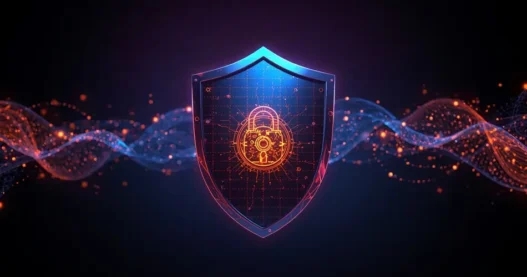 AI privacy protection tools 2025 – futuristic digital shield with glowing cyber lock and AI data circuits