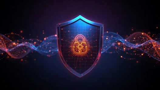 AI privacy protection tools 2025 – futuristic digital shield with glowing cyber lock and AI data circuits