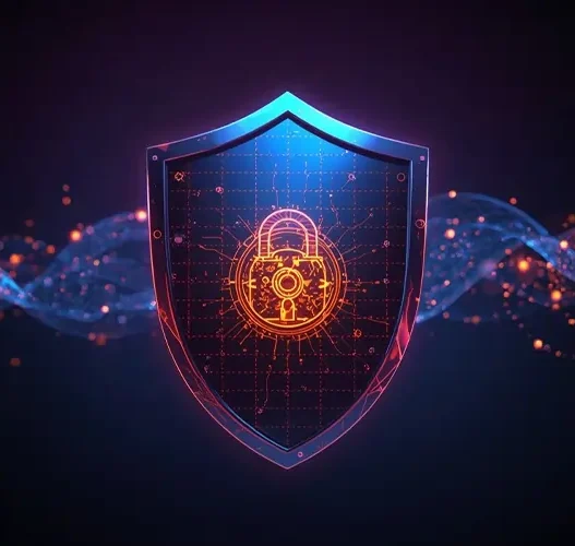 AI privacy protection tools 2025 – futuristic digital shield with glowing cyber lock and AI data circuits