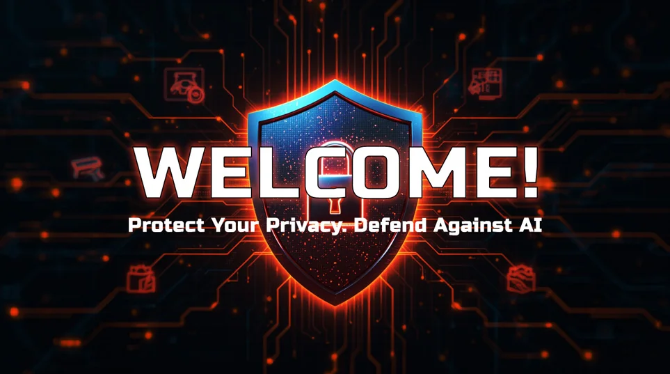 AI Privacy Protection 2025 – Futuristic shield in orange and blue blocking AI surveillance and cyber threats