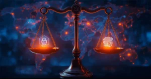 Featured image showing EU and US AI privacy laws 2025 with digital justice scales balancing data privacy and AI technology