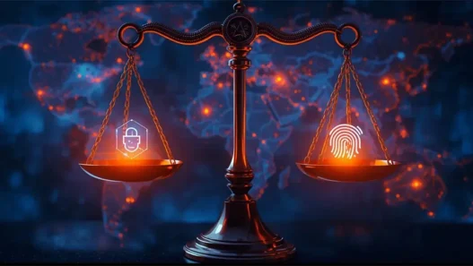 Featured image showing EU and US AI privacy laws 2025 with digital justice scales balancing data privacy and AI technology