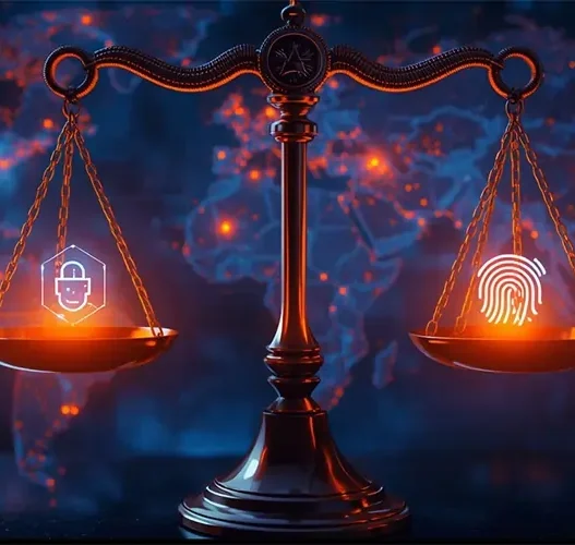 Featured image showing EU and US AI privacy laws 2025 with digital justice scales balancing data privacy and AI technology