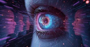 AI tracking and surveillance concept in 2025 showing a futuristic digital eye scanning personal data.