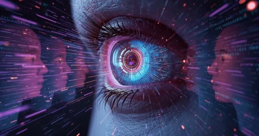 AI tracking and surveillance concept in 2025 showing a futuristic digital eye scanning personal data.