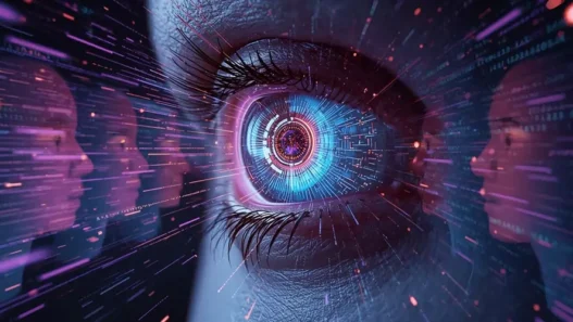 AI tracking and surveillance concept in 2025 showing a futuristic digital eye scanning personal data.