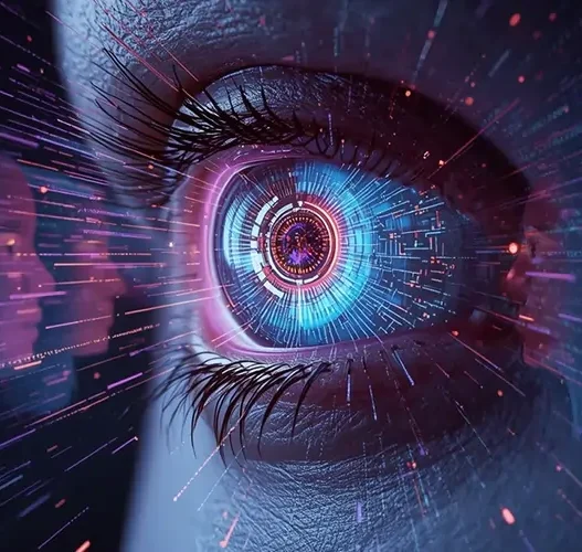 AI tracking and surveillance concept in 2025 showing a futuristic digital eye scanning personal data.