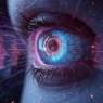 AI tracking and surveillance concept in 2025 showing a futuristic digital eye scanning personal data.