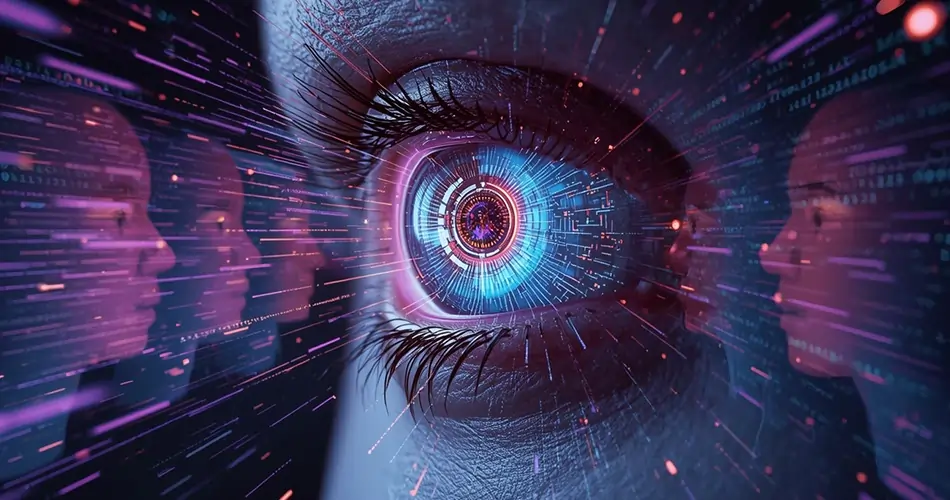 AI tracking and surveillance concept in 2025 showing a futuristic digital eye scanning personal data.